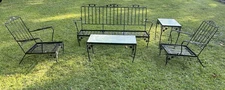 Vintage MCM Wrought Iron Conversation Set Bench, 2 Oversized Chairs, 2 Tables