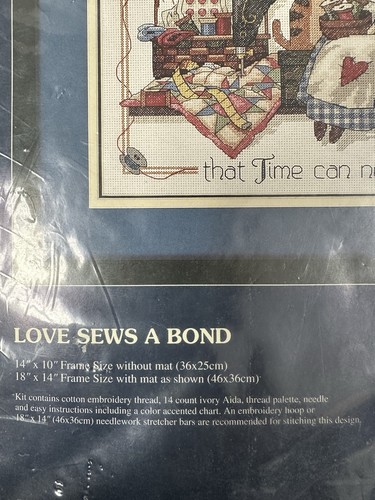 RARE NEW Dimensions LOVE SEWS A BOND Counted Cross Stitch Kit 13624 14x10” - Picture 4 of 4