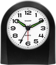 Sharp Small Battery Operated Analog Alarm Clock Silent No Ticking, Lighted on De