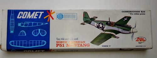 Vintage Comet North American P51D Mustang Rubber Powered Balsa Airplane Kit.