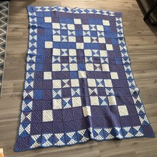 VTG Granny Square Crochet Afghan Quilt Blanket Throw Blue Purple 74 x 56