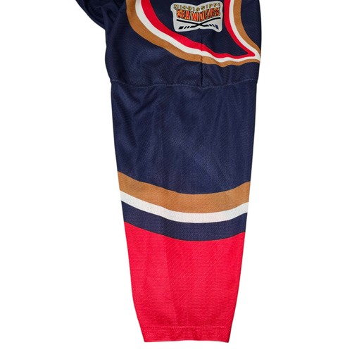 Camiseta deportiva de hockey vintage CCM Mississippi Sea Wolves para hombre XXL azul marino roja tejida al aire ECHL - Imagen 7 de 13