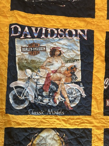 Vintage Handmade Harley Davidson T Shirt Quilt Blanket 70 X 70 Bed Size - Picture 13 of 19