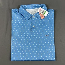 Vineyard Vines Golf Shirt Polo Fly Toss Print Large Blue Polyester Spandex