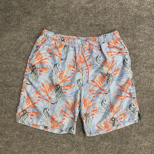 Peter Millar Swim Trunks Shorts Mens Large Blue Seahorse Coral Print Mesh Lined - Picture 1 of 11