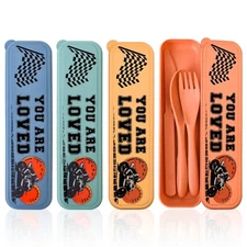 4 Sets Reusable Utensils, Case, Plastic, Dirt Bike, Fork, Spoon, Knife