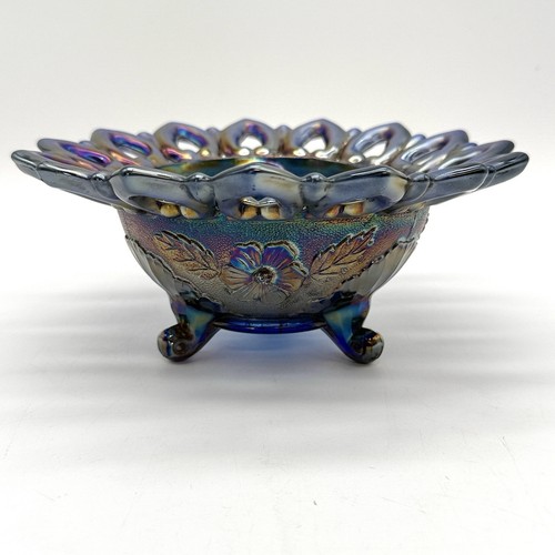 Northwoods Carnival Glass "Florentine" Blue Iridescent Open Edge Wild Rose Bowl - Picture 2 of 11