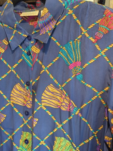Vintage Elisabeth Liz Claiborne Gr. 1X 100% Seide Bluse Tunika Shirt blau Knopf - Bild 3 von 7