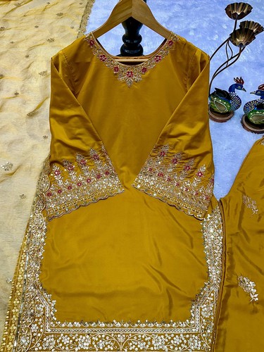 Fashionable Yellow French Crepe Kurta Palazzo With Organza Dupatta For Women - Picture 8 of 15
