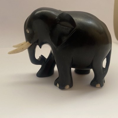 Black Elephant Carved Figure Sculpture Folk Art Ebony Wood 4''