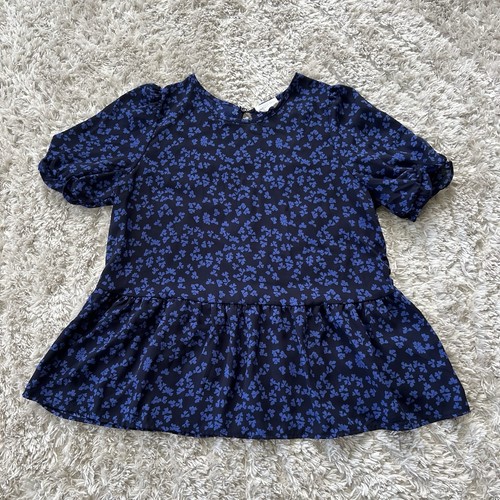 Sienna Sky Blouse MEDIUM Top Blue Floral Peplum Faux Wrap Short Sleeves Bohemian - Picture 1 of 7