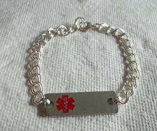 8" Stainless Steel Engravable 38x12mm Oblong shape RED Medical Alert ID Bracelet