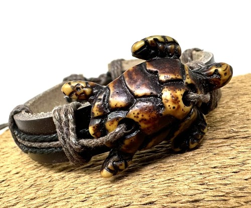 Handcrafted Brown Turtle Bracelet with Adjustable Leather Cord – Unique Jewelry - Picture 6 of 18