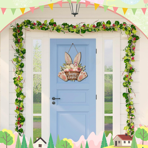 Easter Wreaths for Front Door Bunny Welcome Wood Sign Door Hanger Spring Decorat - Picture 5 of 14