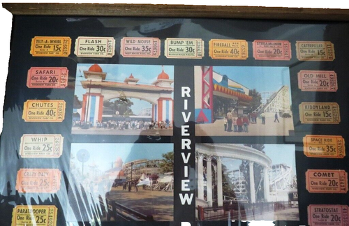 Vintage Riverview Amusement Park Chicago IL Framed Souvenir Views & Ride Tickets - Picture 2 of 4