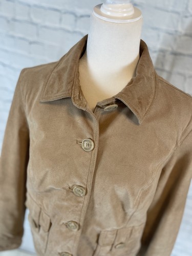 Women’s Cherokee Genuine Leather Jacket Suede Size L Khaki Tan Button Down Y2K - Picture 1 of 22