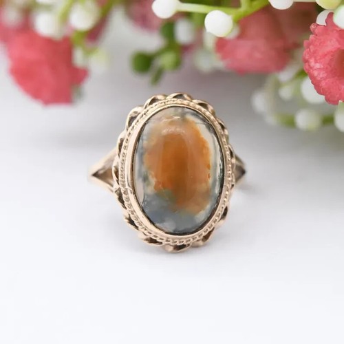 Vintage Ring 9 kt Gold Moosachat - Statement Mid Century groß grün und orange - Bild 4 von 9
