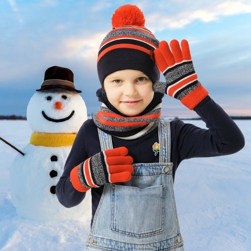 Winter Kids Knitted Hat Scarf Gloves Set Boys Girls Winter Soft Warm Beanie Kits - Picture 14 of 26