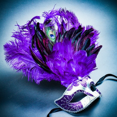 Venetian Glitter Crystal Masquerade Party Mask with Feather and Stick - White Go - Picture 6 of 8