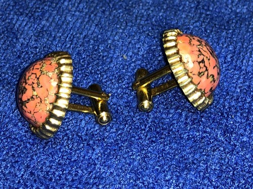 Vintage Pair Hickok Cufflinks Cuff Links faux Pink Rhodonite gold tone .75 - Picture 5 of 8