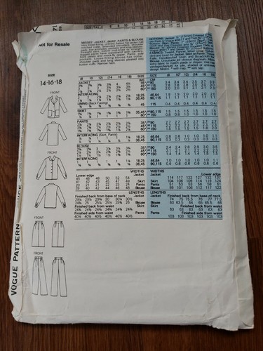 WOMENS UNCUT VOGUE 0995 Pattern BLOUSE HIgh Waist PANTS JACKET SKIRT 14-18 - Bild 4 von 8