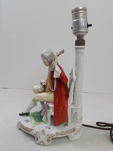 Vintage 12" German Porcelain Table Lamp Victorian Figurine Playing Mandolin READ - Picture 3 of 16