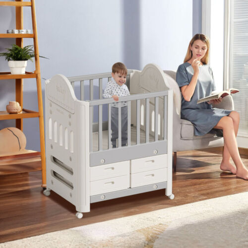 Premium Baby Cot Bed Toddler W/4 Storage Drawer & Wheels Newborn Bed 85x62x108cm - Picture 9 of 10