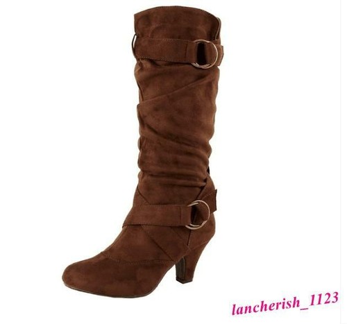 Slouch Women's Suede Mid Calf Boots Buckles Shoes Block Heel Pull On Round Toe - Picture 6 of 10
