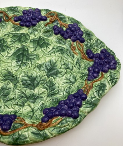 Vintage Ceramic Grapes And Grape Leaves Oval Platter Hunter Green And Purple - Picture 3 of 6