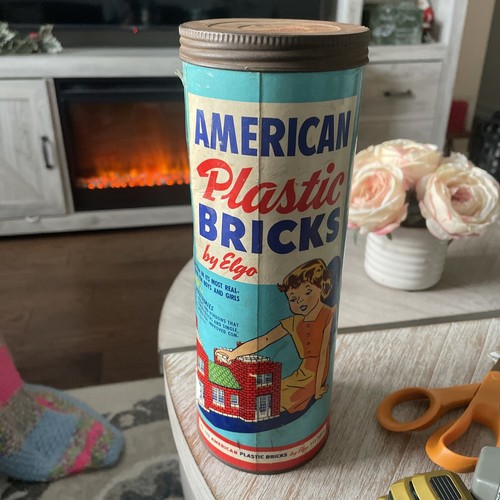 Vintage AMERICAN PLASTIC BRICKS Elgo No. 705 Cardboard Can Metal Lid 1950s - Picture 3 of 7