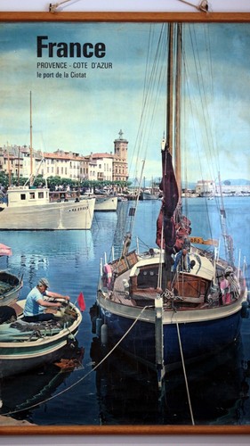 GENUINE 1960s TOURIST HANGING LINEN BACKED POSTER - FRANCE OLD PORT of LA CIOTAT - Picture 2 of 19