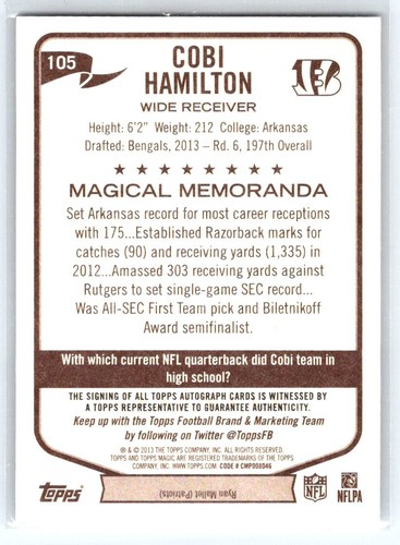 2013 Topps Magic #105 Cobi Hamilton    Auto Autographs - Picture 2 of 2