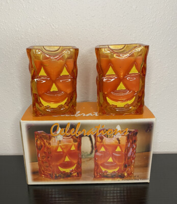 2 Candle Halloween Pumpkin Bag Orange Glass Votive Holders Jack O' Lantern