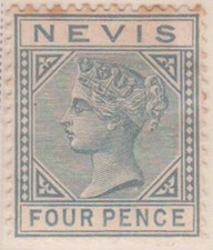 (F191-11) 1884-90 Nevis 4d grey QVIC stamp MH (tone spots) (K)