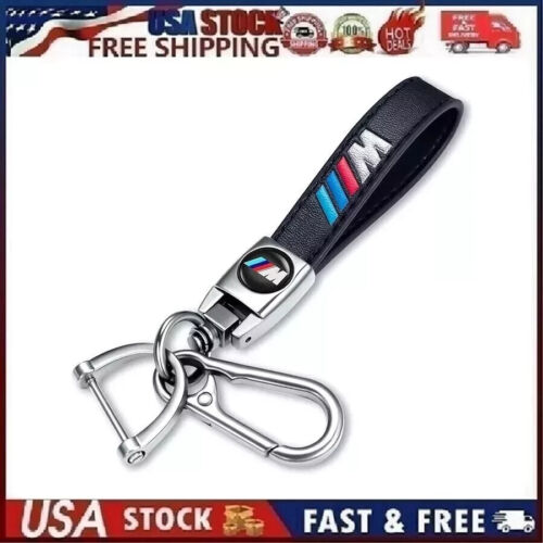 Genuine Leather Car Keychain Set for B-M-W M Sport Key Ring Lanyard Chrome Sty3