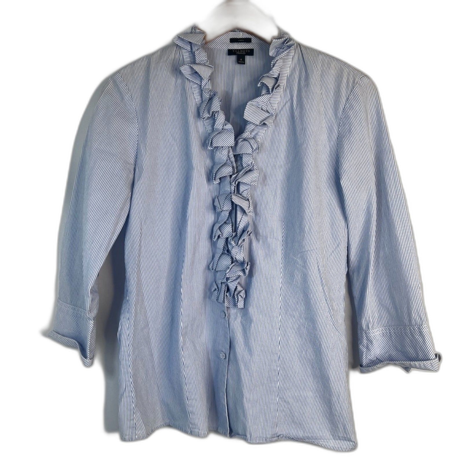 Talbots Pin Striped 3/4 Sleeve Ruffled Neckline B… - image 1