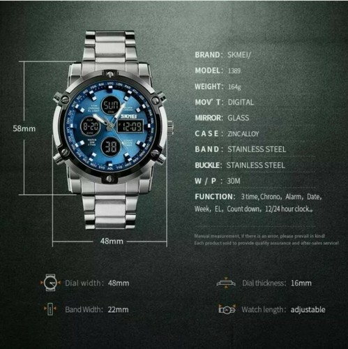 Mens Wristwatch Waterproof 30M Military Analog Digital Silver Watch chronograph - Picture 7 of 7