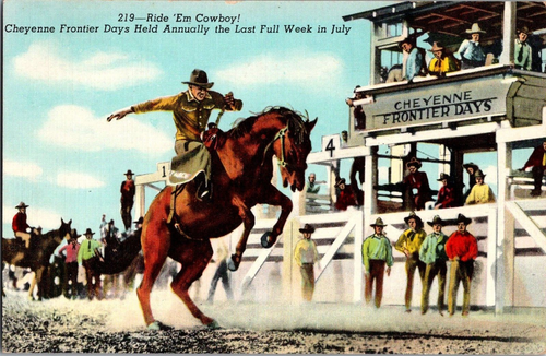 Postkarte Ride 'Em Cowboy Cheyenne Grenztage Cheyenne Wyoming Leinen nicht verschickt - Bild 1 von 2