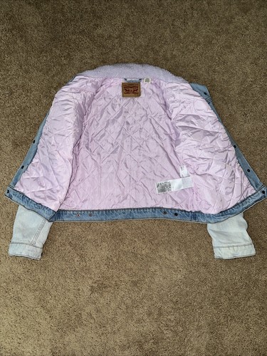LEVI'S Girls Acid Washed Sherpa Pink Lined Denim Jacket Blue XL - Picture 4 of 5