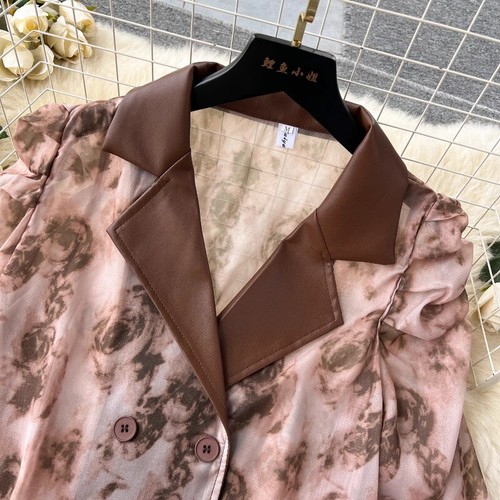 Eleganter Damen 2x Chiffon Shirt Rock Set hochtailliert PU Leder Rock Blumenmuster - Bild 19 von 24