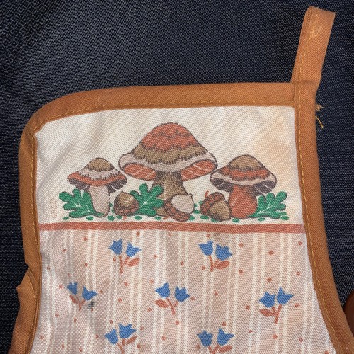 Set Of Vintage Brown MUSHROOMS Acorns Blue Tulips 1 Oven mit 2 Hot Pads Cooking - Picture 3 of 9