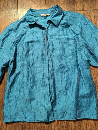 Peter Nygard Linen Blend Turquoise Womens Button Down Shirt Long Sleeve Size 16 - Picture 2 of 15