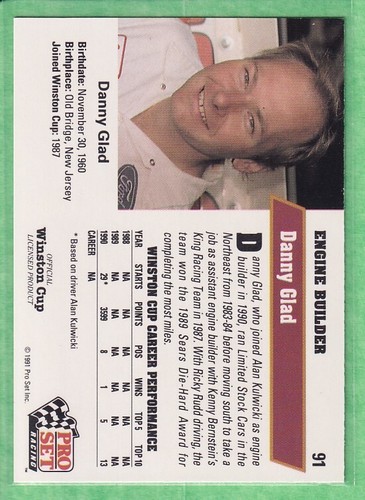 1991 Pro Set Racing #91 Danny Glad Engine Builder NASCAR - Picture 2 of 2
