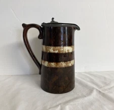 Antique brown pottery 6" pitcher w/ pewter attached lid - excellent condition!