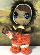 Crochet Eskimo Inuit girl 11 inch doll plush with pet removable clothes