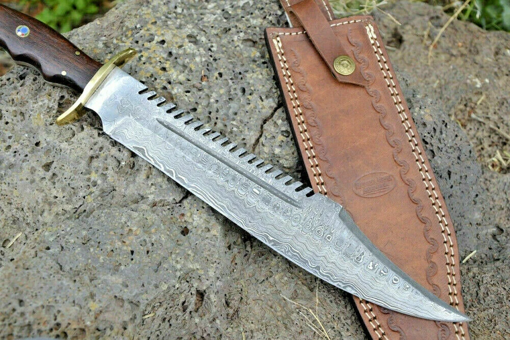 Damascus Steel Custom Handmade 16" inches Rambo style Wood Handle Bowie knife