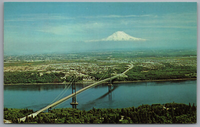 Tacoma Washington Narrows Bridge Puget Sound Mont Rainier c1959 Postcard