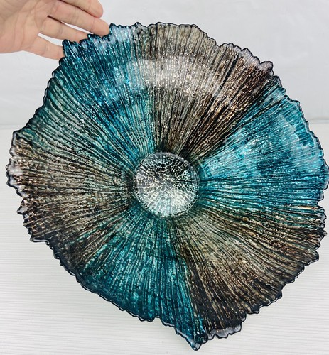 Vintage Art Glass Centerpiece Bowl Reverse Hand Painted LARGE 14” Blue & Brown - Picture 9 of 11
