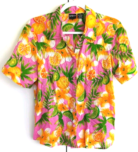 ERIKA Vintage Damen Tropical Fruit Blumendruck hawaiianisches Shirt mit Knopfleiste M