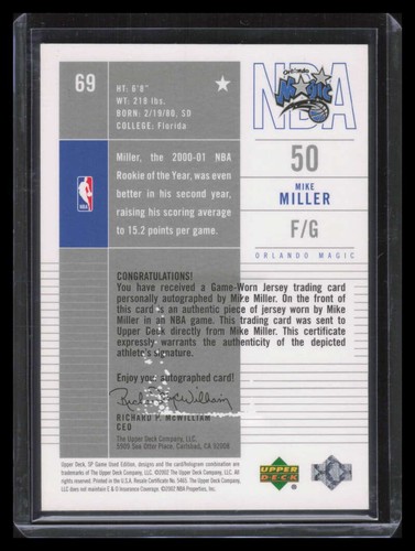 2002-03 SP Game Used Autographed Jerseys 69 Mike Miller Jersey Auto 16/100 - Picture 2 of 2